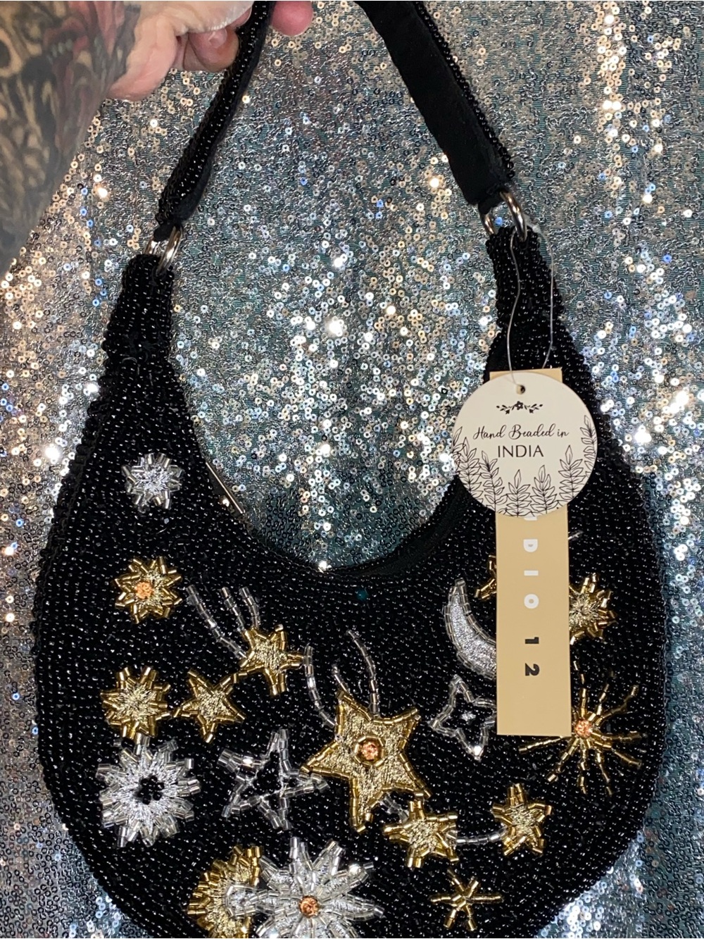Studio 12 Celestial Hand Beaded Moon Stars Crescent Bag NWT Black Viral Find - Picture 7 of 14